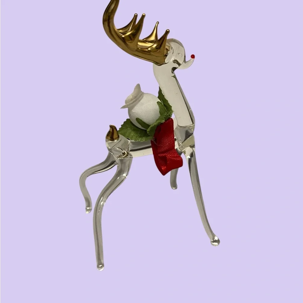 Vintage Reindeer 22 K Gold Overlay Hand Blown Glass Reindeer 5 Piece Set Clear